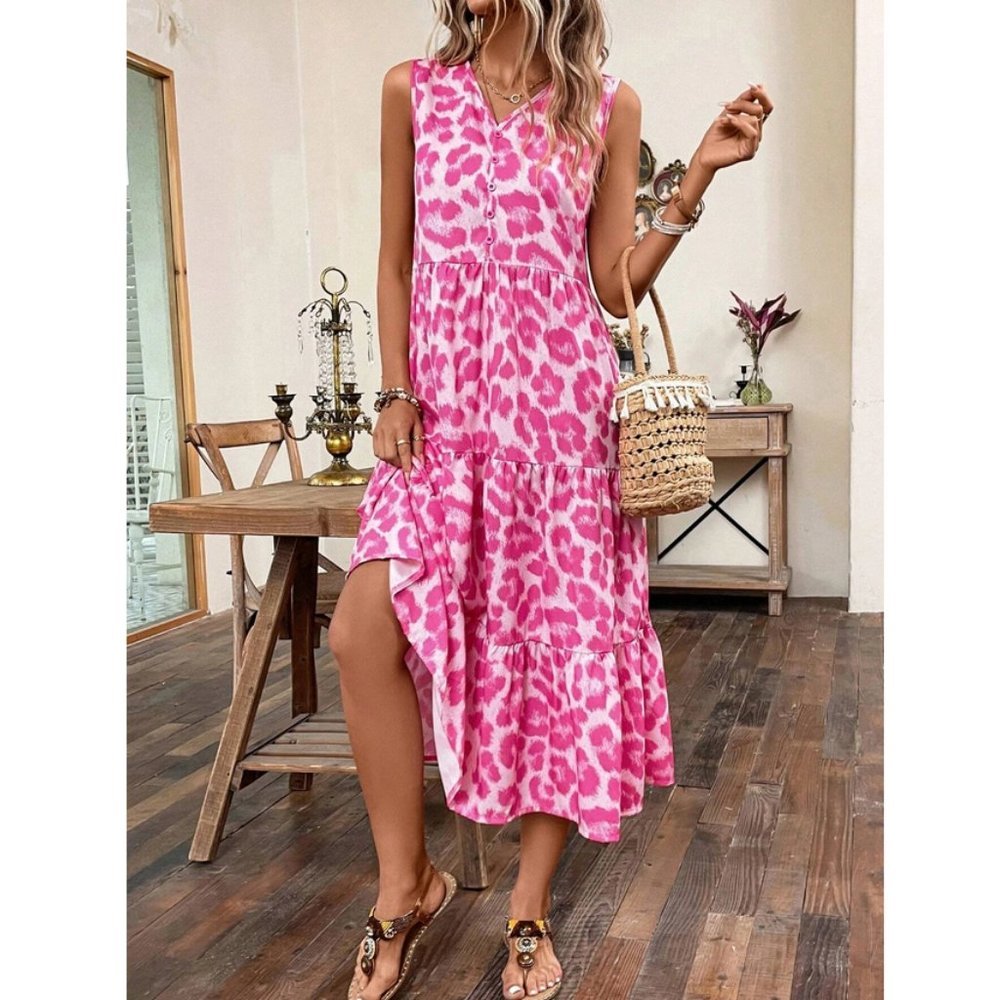Pink Boho Womens Leopard Print Ruffle Hem Smock Dress - Picture 5 of 7